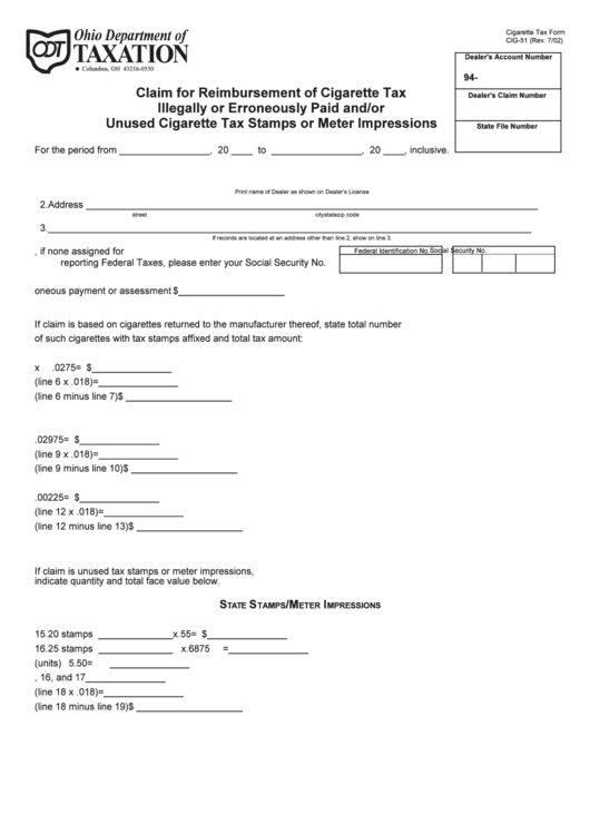 Fillable Form Cig-51 - Cigarette Tax Form - Ohio Department Of Taxation Printable pdf