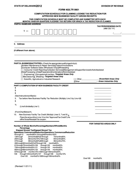 Fillable Form 402ltr 9901 - Computation Schedule For Claiming License Tax Reduction For Approved New Business Facility Gross Receipts - 2012 Printable pdf
