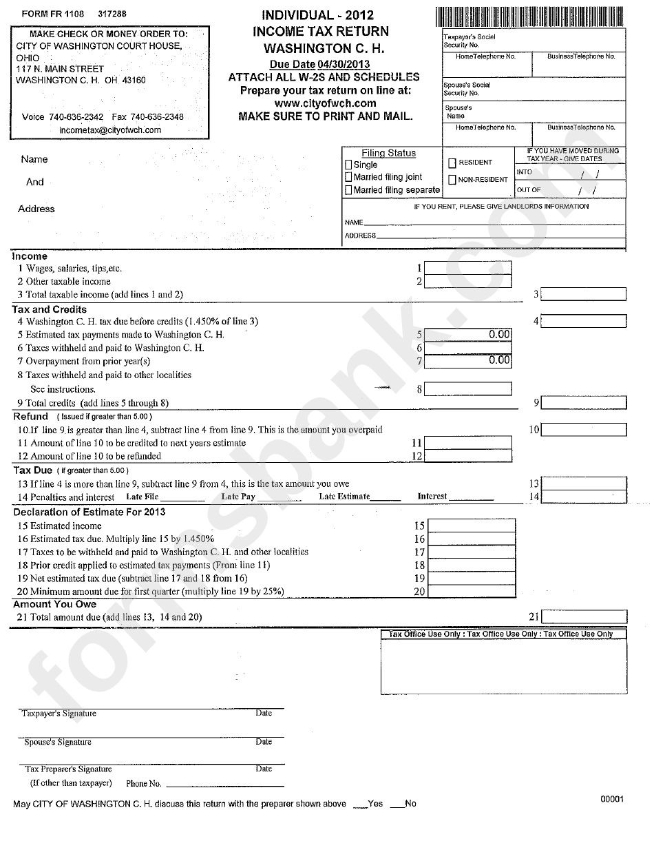 Form Fr 1108 - Individual Income Tax Return - City Of Washington Court House - 2012