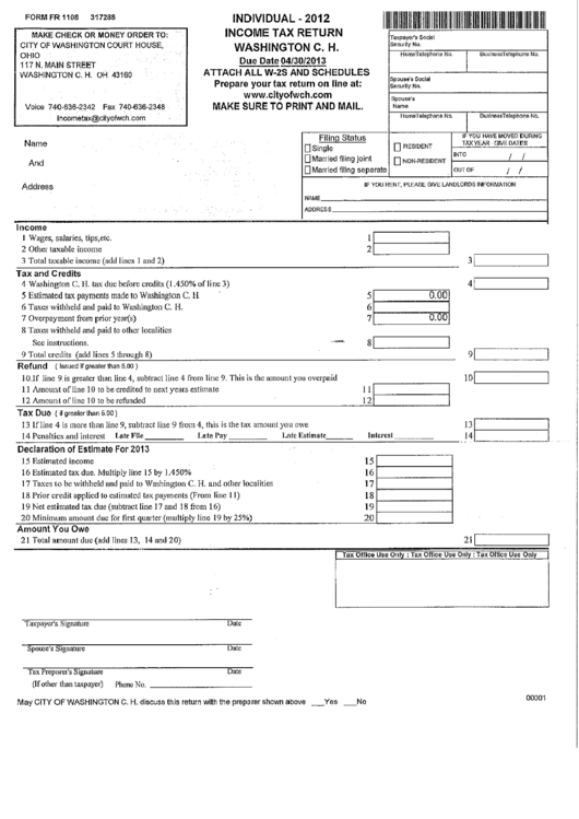 Form Fr 1108 - Individual Income Tax Return - City Of Washington Court House - 2012 Printable pdf