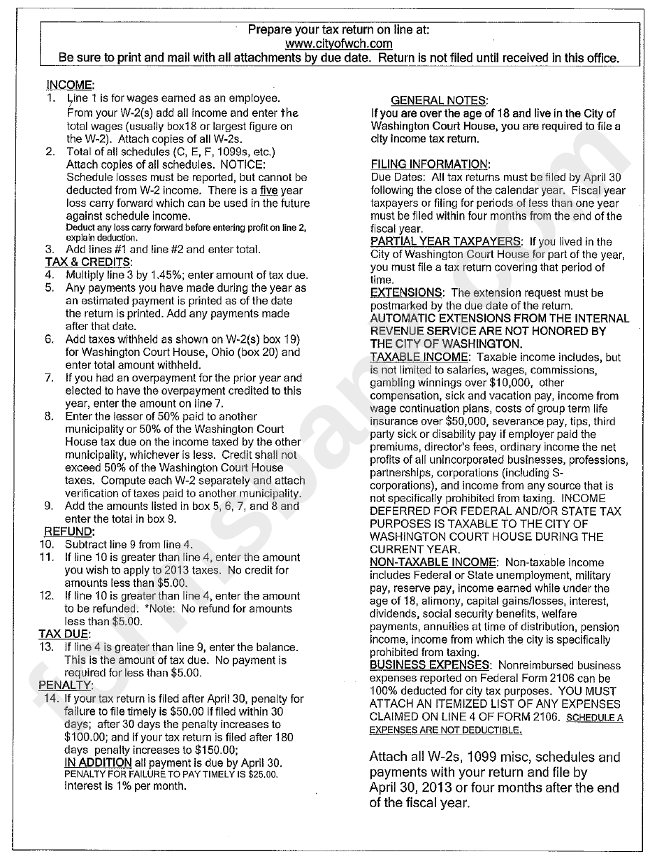 Form Fr 1108 - Individual Income Tax Return - City Of Washington Court House - 2012