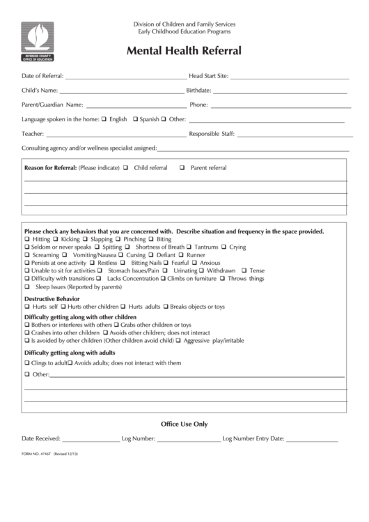 Fillable Form 4746t - Mental Health Referral - Riverside County Division Of Children And Family Services Printable pdf