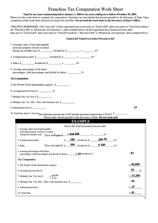 Form K.s.a. 17-7503, 17-7505 - Franchise Tax Computation Work Sheet Printable pdf