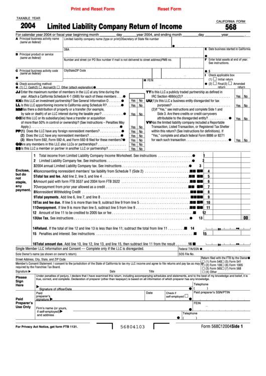 Fillable California Form 568 - Limited Liability Company Return Of Income - 2004 Printable pdf