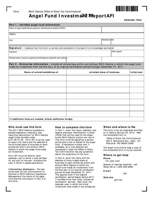 Fillable Form Afi - Angel Fund Investment Report -North Dakota Office Of State Tax Commissioner - 2011 Printable pdf