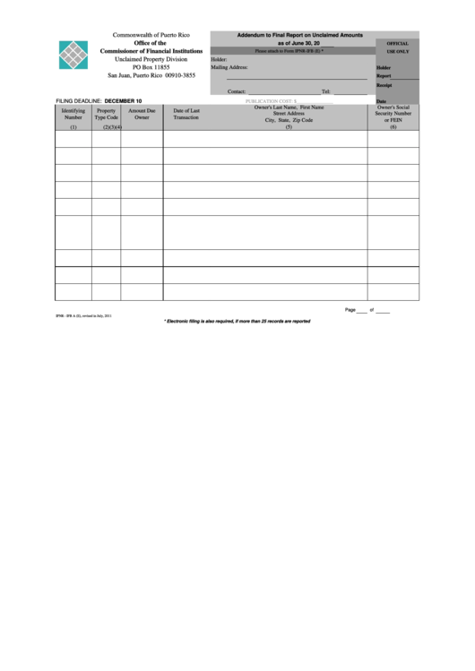 Form Ipnr - Ifb A - Addendum To Final Report On Unclaimed Amounts - Commonwealth Of Puerto Rico Printable pdf