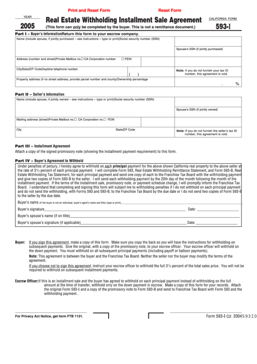 Fillable California Form 593-I - Real Estate Withholding Installment Sale Agreement - 2005 Printable pdf