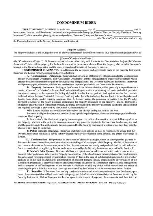 Form 3140 - Condominium Rider Form Printable pdf