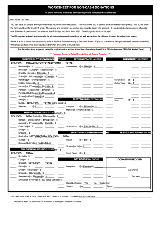 Worksheet For Non-Cash Donations Printable pdf