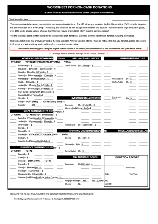 Worksheet For Non Cash Donations Printable Pdf Download