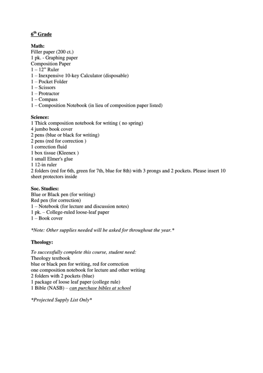 6th Grade Supply List Printable pdf
