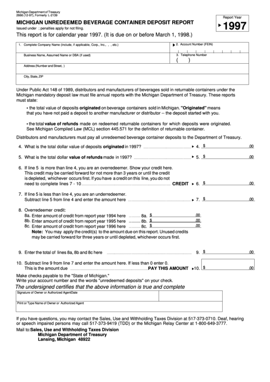 Form 2666 - Michigan Unredeemed Beverage Container Deposit Report - 1997 Printable pdf