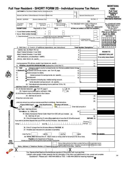 Short Form 2s - Individual Income Tax Return - Full Year Resident - 1999 Printable pdf