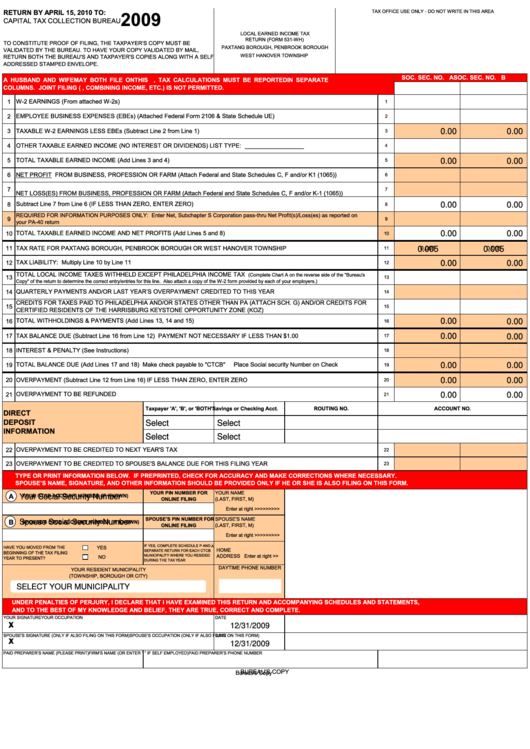 Fillable Form 531-Wh - Local Earned Income Tax Return - 2009 Printable pdf
