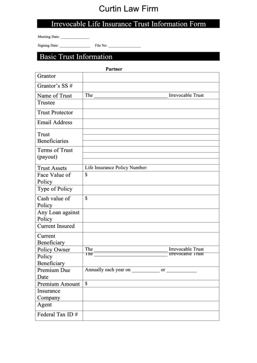 Irrevocable Life Insurance Trust Information Form - Curtin Law Firm Printable pdf