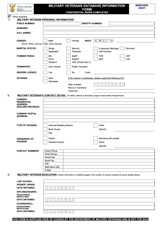 Military Veterans Database Information Form - Republic Of South Africa