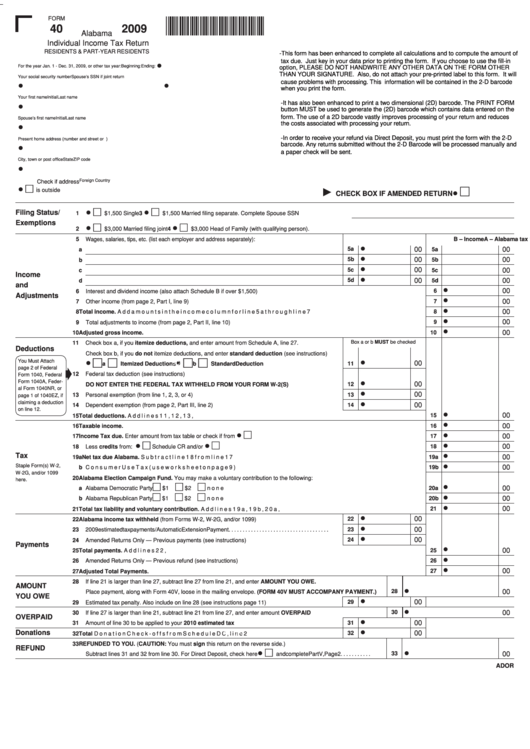 Fillable Form 40 - Alabama Individual Income Tax Return - 2009 Printable pdf