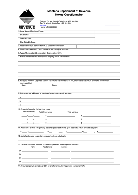 Nexus Questionnaire - Montana Department Of Revenue Printable pdf