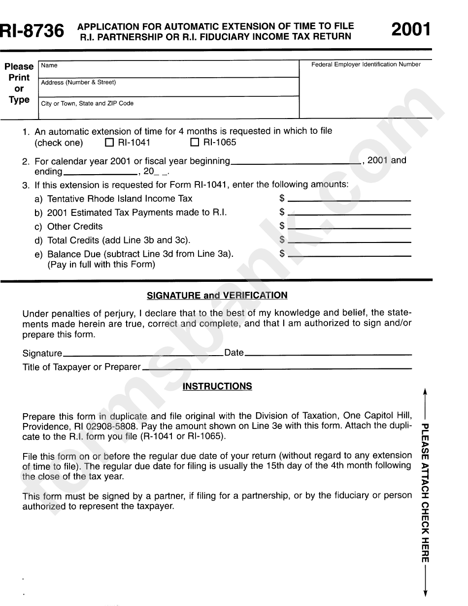 Form Ri-8736 - Application For Automatic Extension Of Time To File R.i. Partnership Or R.i. Fiduciary Income Tax Return - 2001