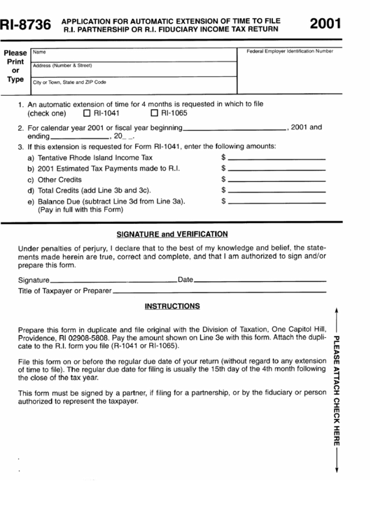 Form Ri-8736 - Application For Automatic Extension Of Time To File R.i. Partnership Or R.i. Fiduciary Income Tax Return - 2001 Printable pdf