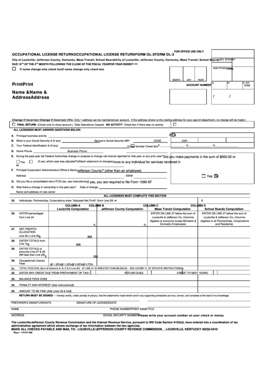 Form Ol3 Occupational License Return printable pdf download