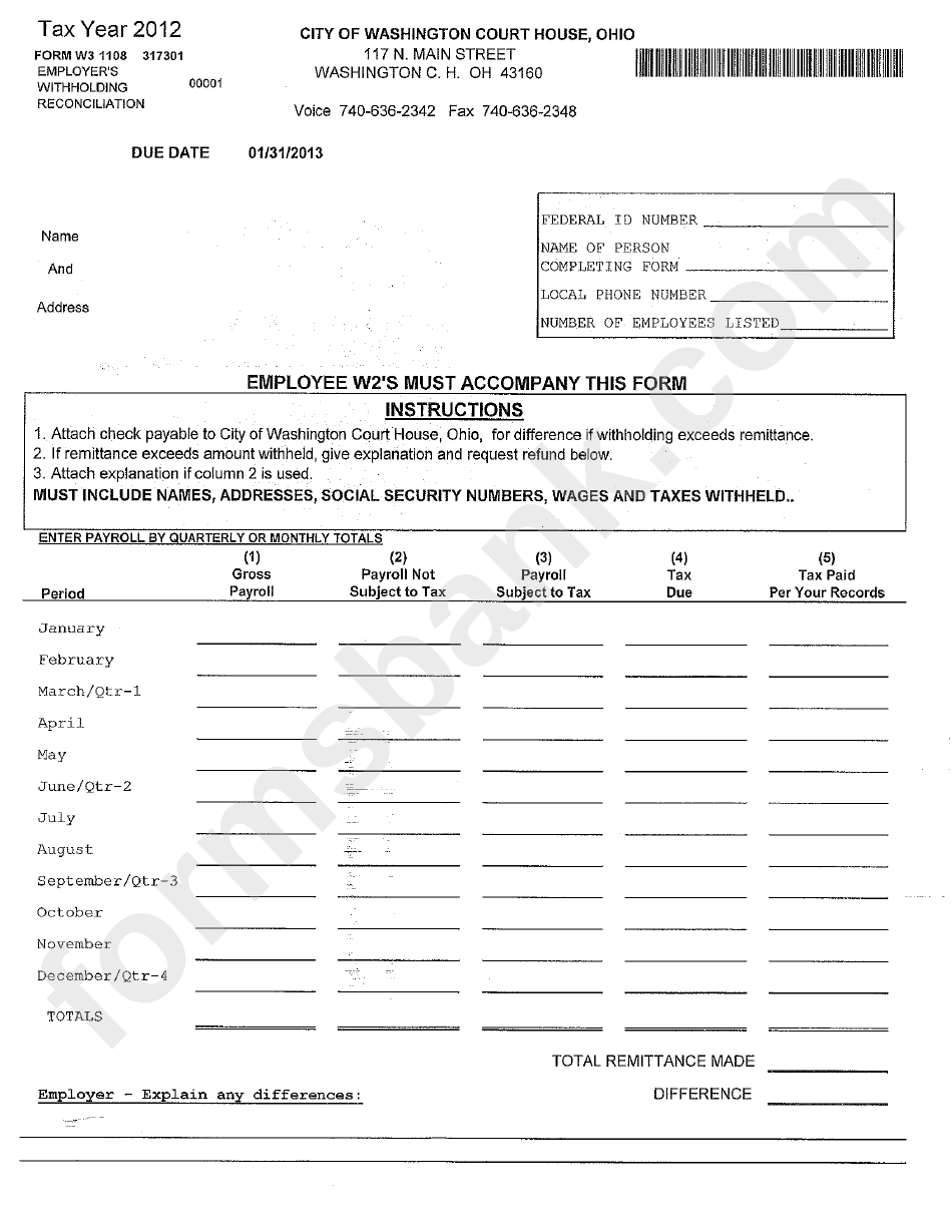 Fillable Form W3 1108 Employer'S Withholding Reconciliation City Of