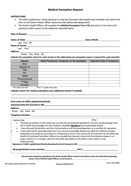 Form 139 Imm - Medical Exemption Request - Mississippi State Department Of Health