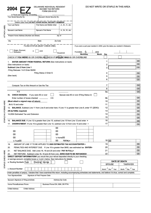 Form 200-03 Ez - Delaware Individual Resident Income Tax Return - 2004 Printable pdf