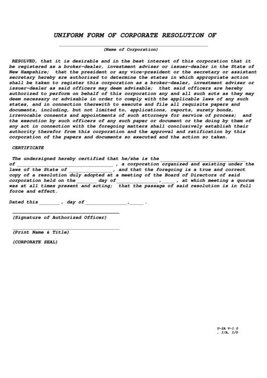Fillable Form U-2a V-1.0 - Uniform Form Of Corporate Resolution Printable pdf