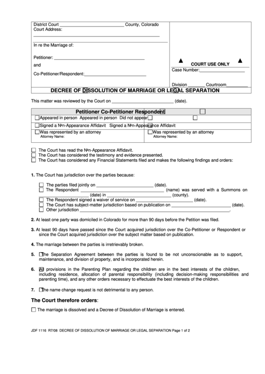 Fillable Form Jdf 1116 - Degree Of Dissolution Of Marriage Or Legal Separation Printable pdf