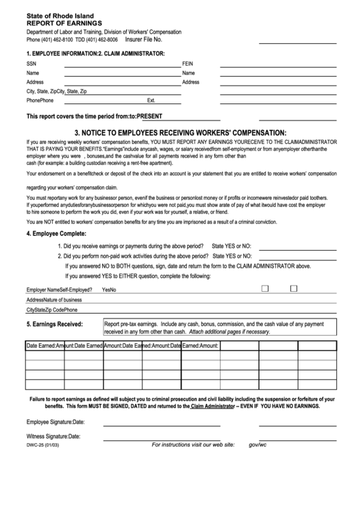 Fillable Form Dwc-25 - Report Of Earnings - Department Of Labor And Training Printable pdf