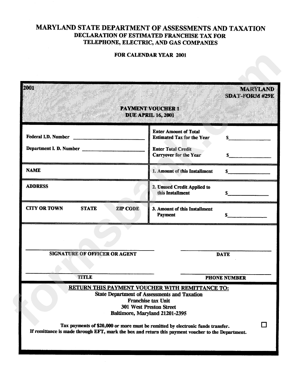 Maryland Sdat-Form 29e - Declaration Of Estimated Franchise Tax For Telephone, Electric, And Gas Companies - 2001