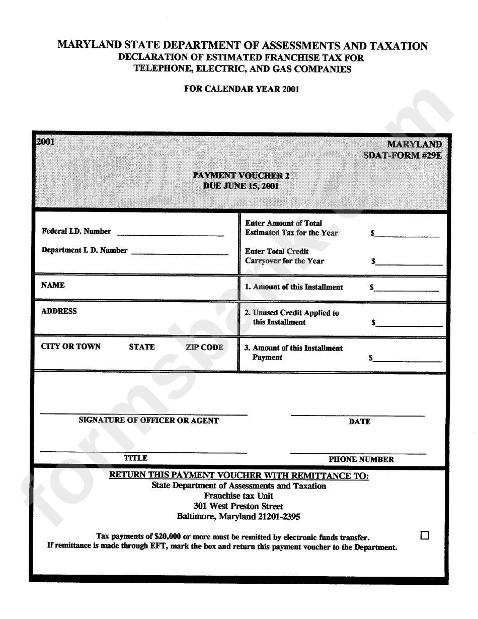 Maryland Sdat-Form 29e - Declaration Of Estimated Franchise Tax For Telephone, Electric, And Gas Companies - 2001