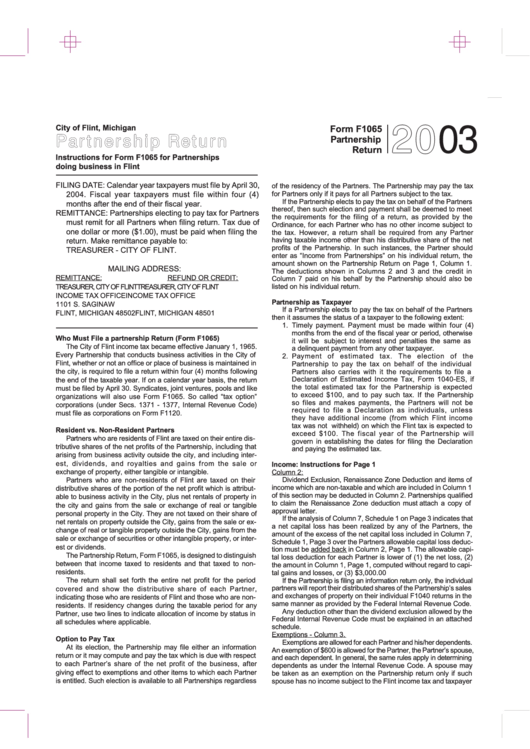 Instructions For Form F1065 - Partnership Return - City Of Flint, Michigan - 2003 Printable pdf
