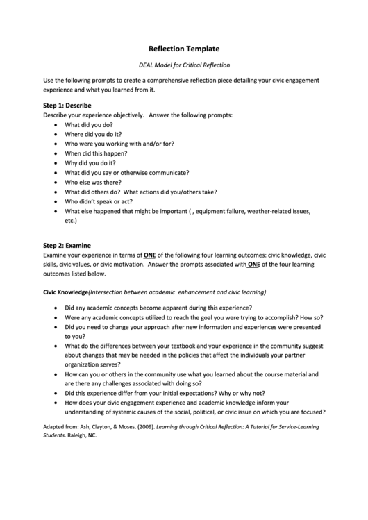 Reflection Template - Deal Model For Critical Reflection Printable pdf