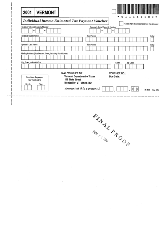 Form In-114 - Individual Income Estimated Tax Payment Voucher - 2001 Printable pdf