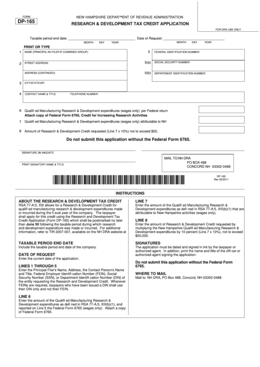 Fillable Form Dp-165 - Research And Development Tax Credit Application - 2011 Printable pdf