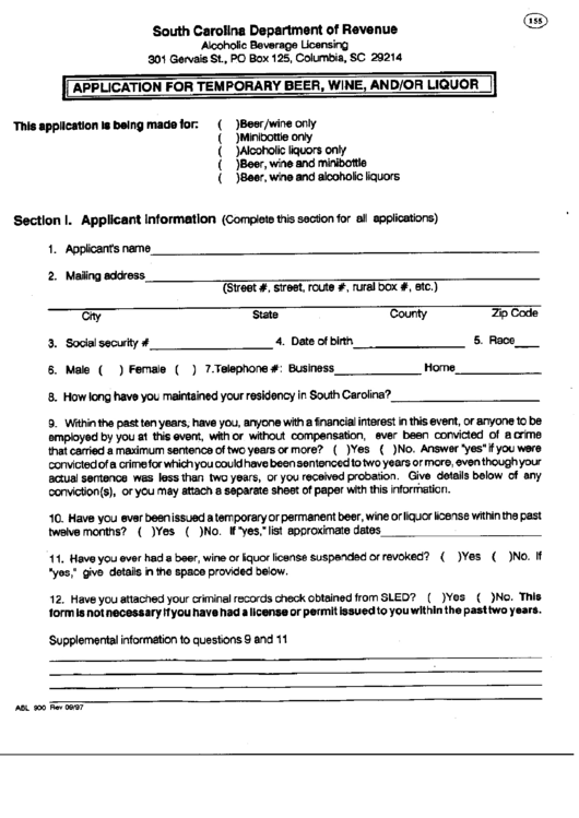 Fillable Form Abl 900 - Application For Temporary Beer, Wine, And/or Liquor Printable pdf