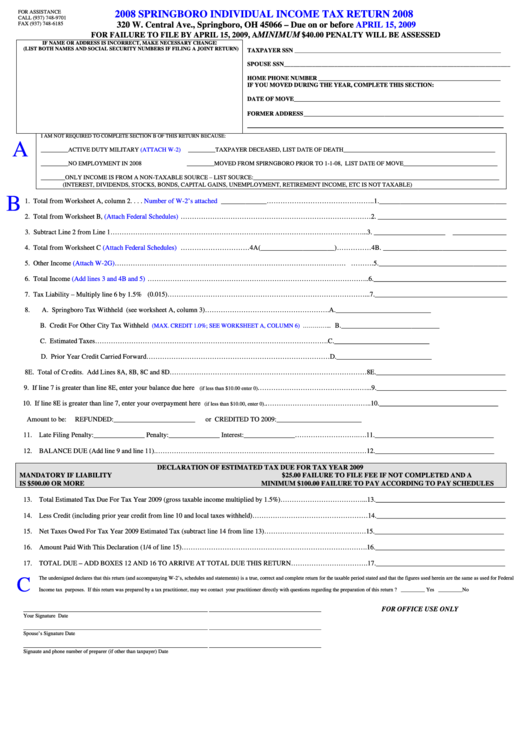 Springboro Individual Income Tax Return - 2008 Printable pdf
