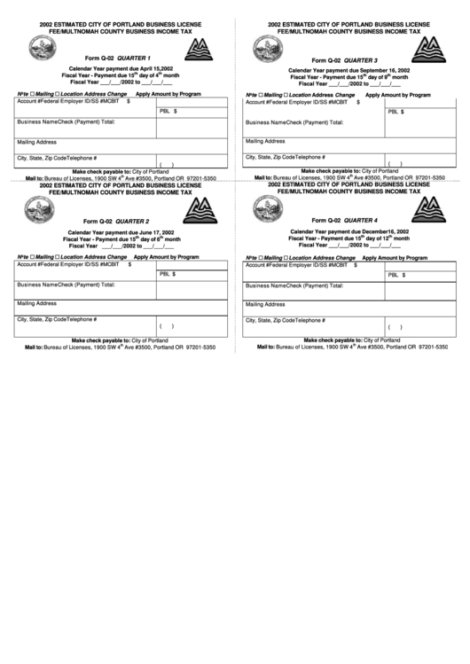 Form Q-02 - Estimated City Of Portland Business License Fee/multnomah County Business Income Tax - 2002 Printable pdf