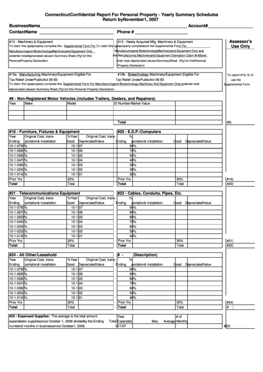 Connecticut Confidential Report For Personal Property Form - Yearly Summary Schedules - 2007 Printable pdf