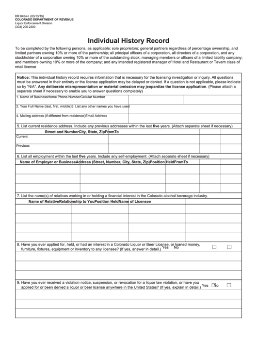 Fillable Form Dr 8404-I - Individual History Record - Colorado Department Of Revenue Printable pdf