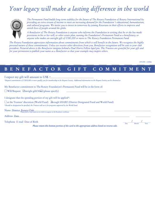 Fillable Form 149-En - Benefactor Gift Commitment Printable pdf