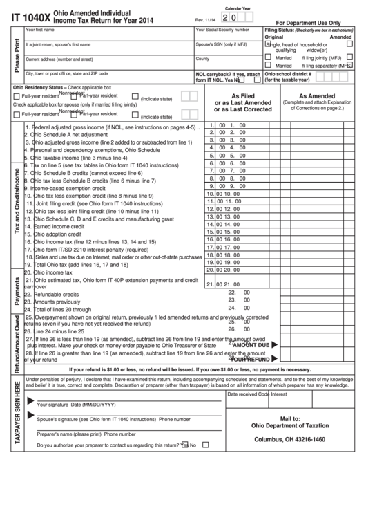Form It 1040x - Ohio Amended Individual Income Tax Return For Year 2014 Printable pdf