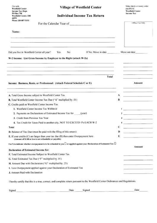 Individual Income Tax Return - Village Of Westfield Center,ohio Printable pdf