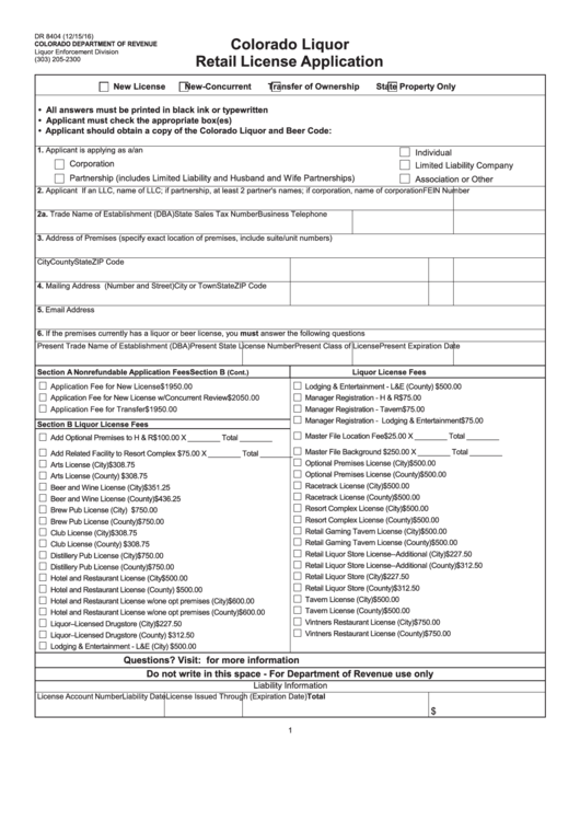 Form Dr 8404 - Colorado Liquor Retail License Application