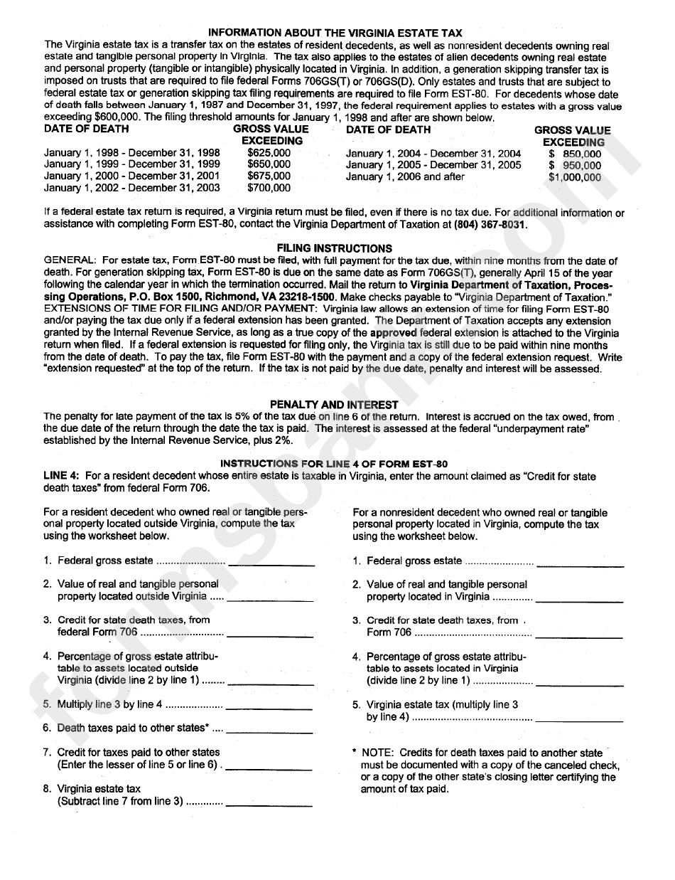 Virginia Estate Tax Instructions printable pdf download