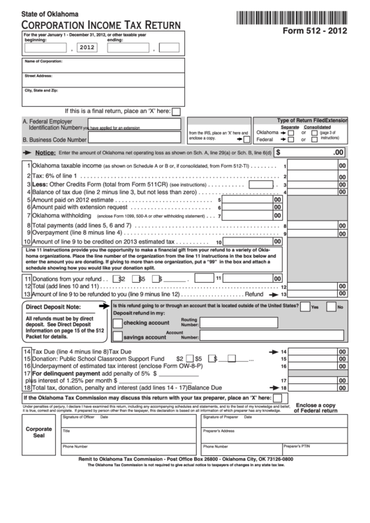 Fillable Form 512 - Oklahoma Corporation Income Tax Return - 2012 Printable pdf