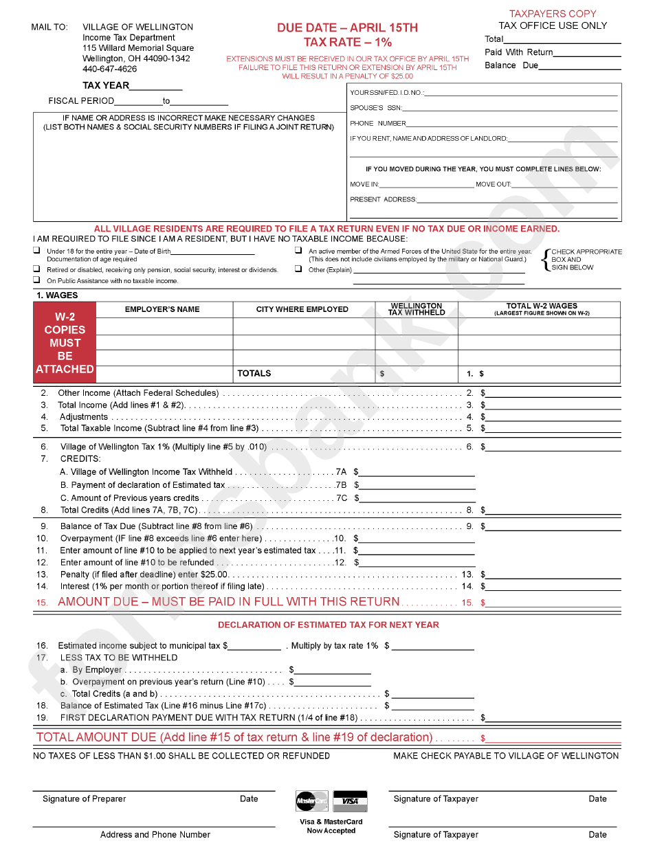 Tax Return Village Of Wellington,ohio printable pdf download