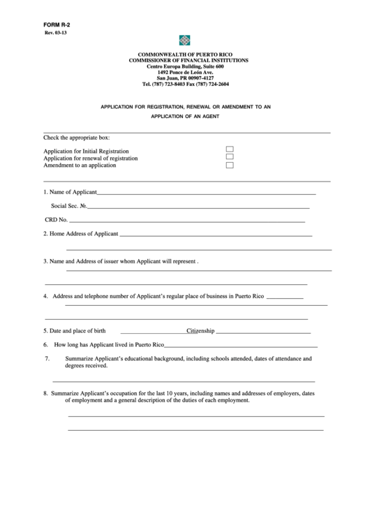 Fillable Form R-2 - Application For Registration, Renewal Or Amendment To An Application Of An Agent Printable pdf
